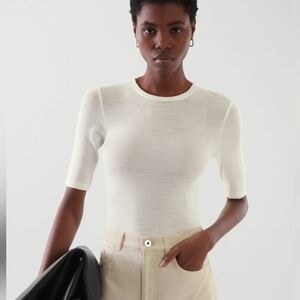 New COS Cream Merino Wool Lightweight Crew Slim Fit Sweater S